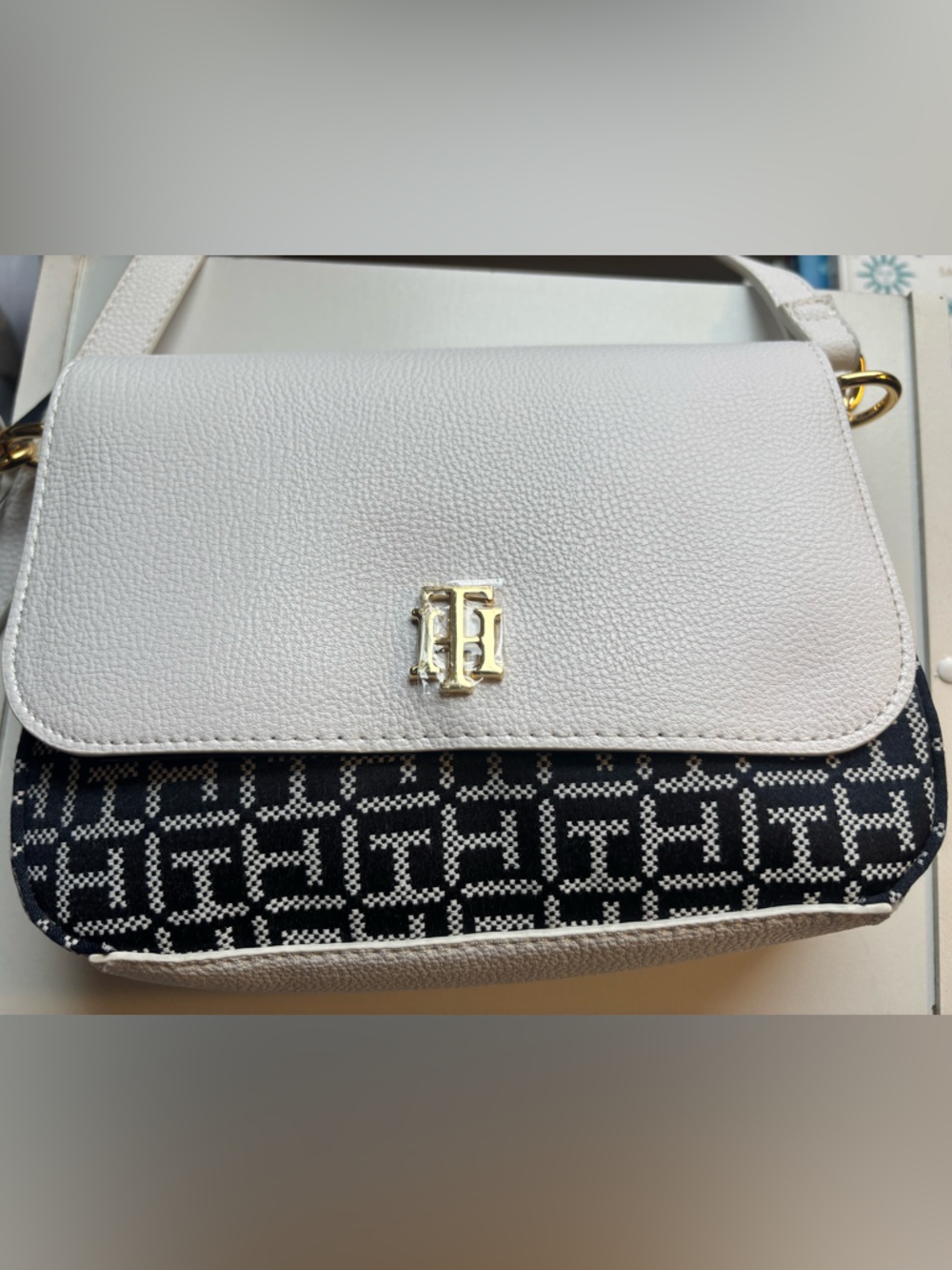 White and Navy Blue Pattern Crossbody Bag - Designer-Inspired Tommy Hilfiger